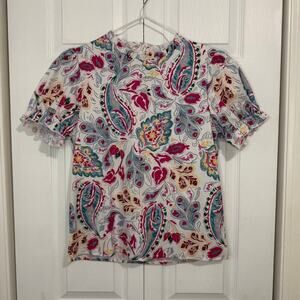 Floral Paisley Pattern Blouse Puff Short Sleeves Ruffled Detail Medium